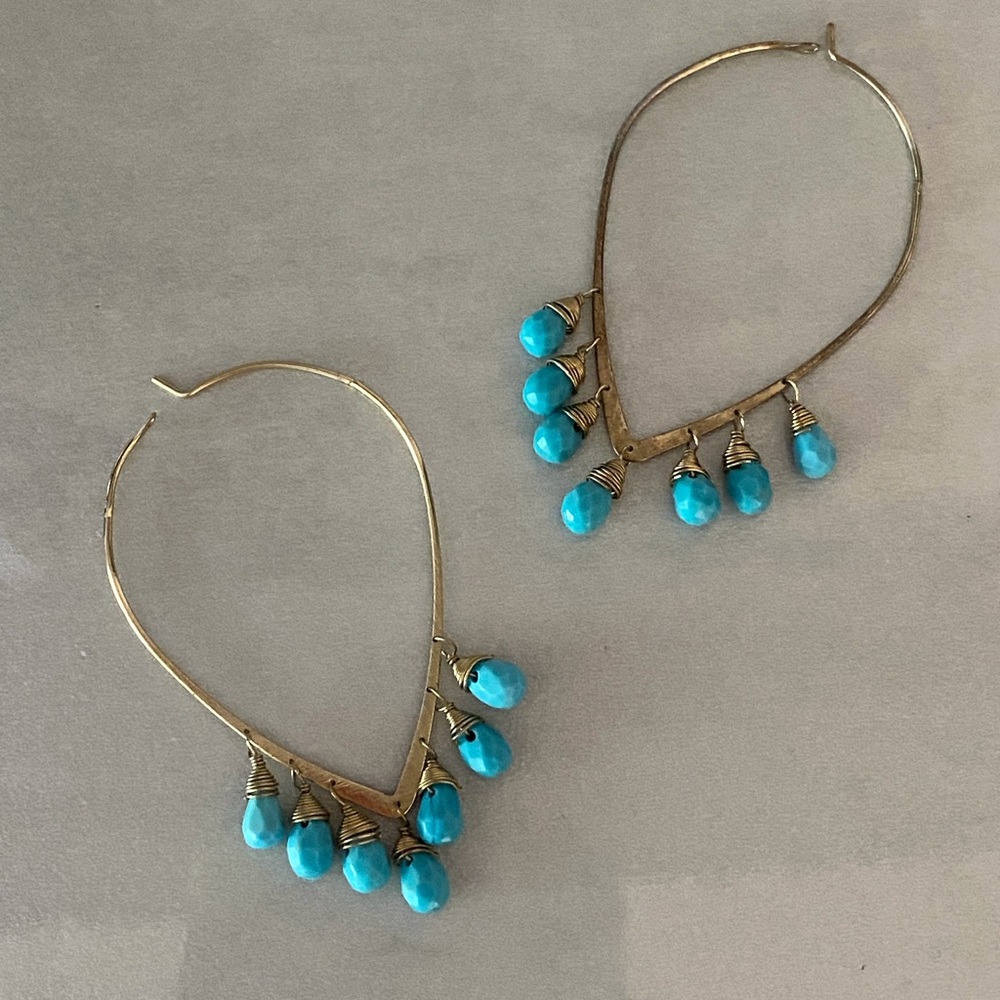 Goldtone Teardrop Hoop Earrings w. Turquoise Dangles, Boho-Southwest Style